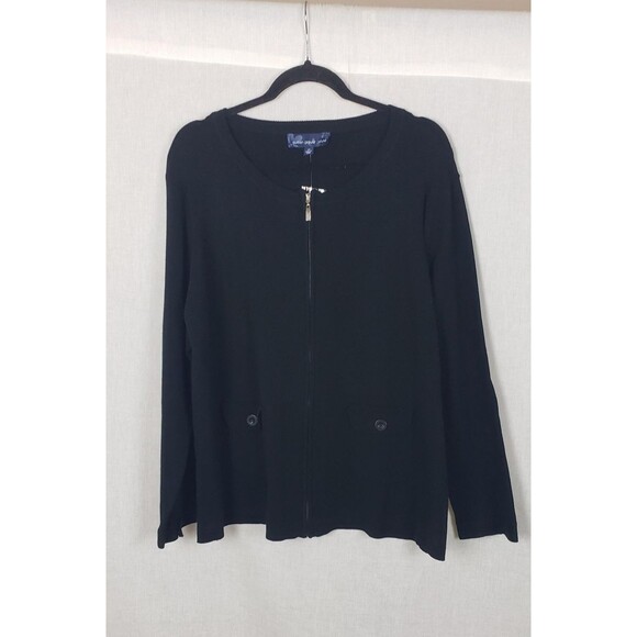 Susan Graver Style Sweater Womens 1X Black Zip Front Cardigan Pockets Knit Plus - Picture 1 of 9